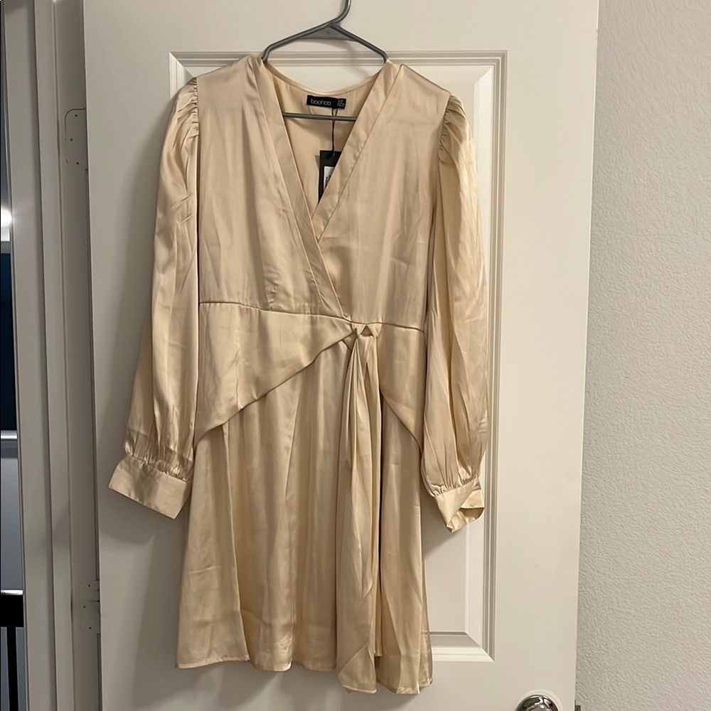 Elegant champagne color Wrap wedding guest Dress